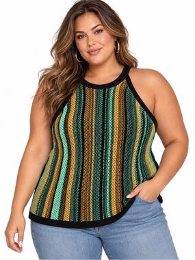 Nation Los Angeles Mari crochet Striped Knit Halter Tank Top XXL